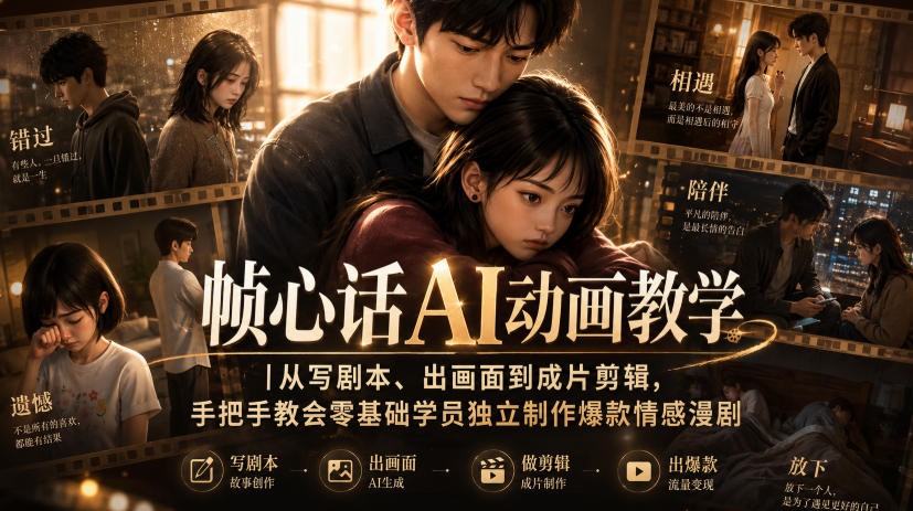 帧心话AI动画教学|从写剧本、出画面到成片剪辑,手把手教会零基础学员独立制作爆款情感漫剧-星阳网创