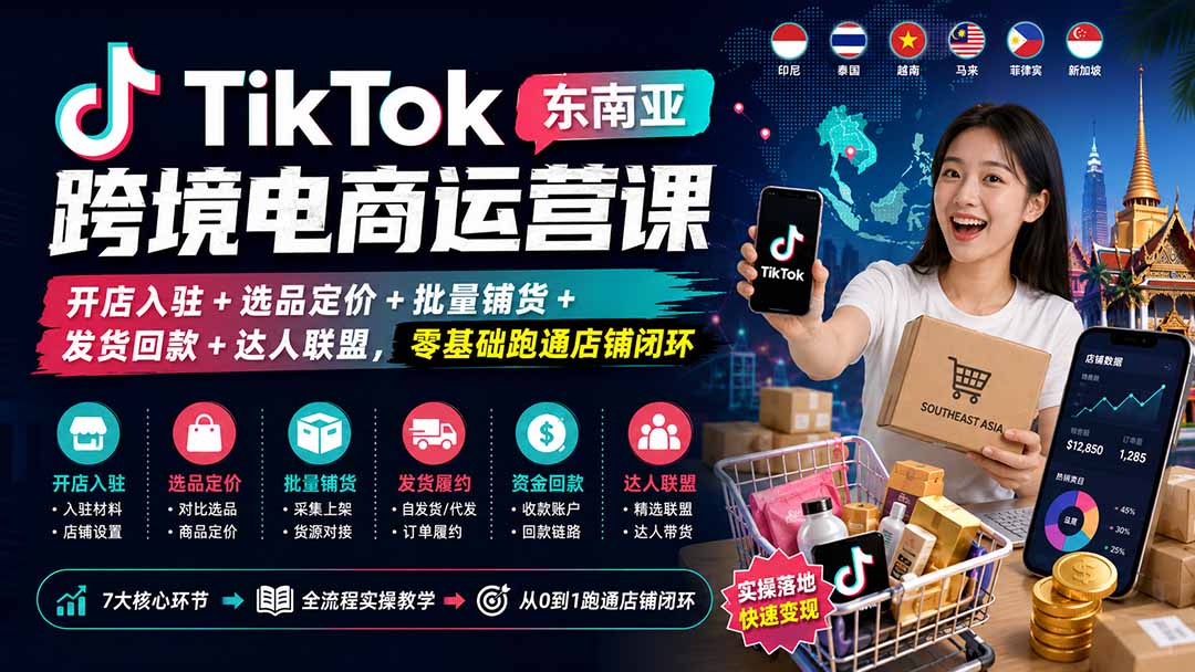 TikTok东南亚跨境电商运营课：开店入驻+选品定价+批量铺货+发货回款+达人联盟，零基础跑通店铺闭环-星阳网创