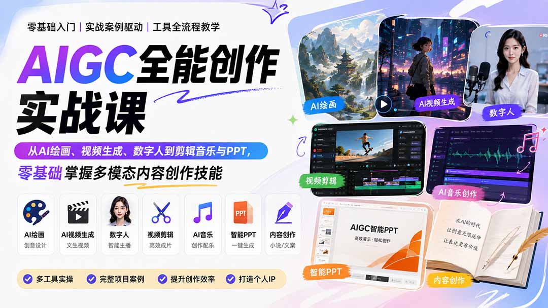 AIGC全能创作实战课:从AI绘画、视频生成、数字人到剪辑音乐与PPT,零基础掌握多模态内容创作技能-星阳网创