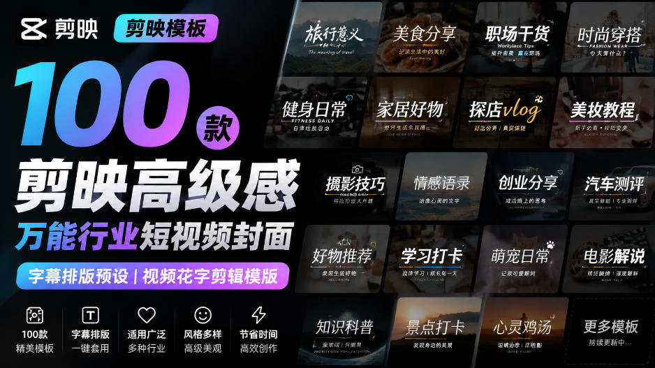 【剪映模板】100款剪映高级感万能行业短视频封面字幕排版预设视频花字剪辑模版-星阳网创