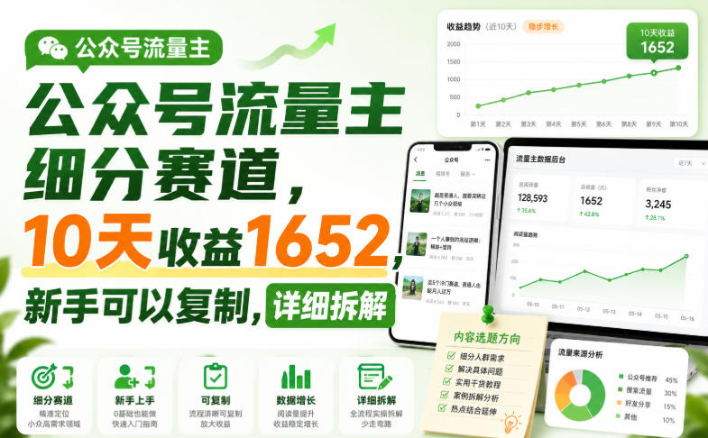 公众号流量主细分赛道,10天收益1652,新手可以复制,详细拆解-星阳网创