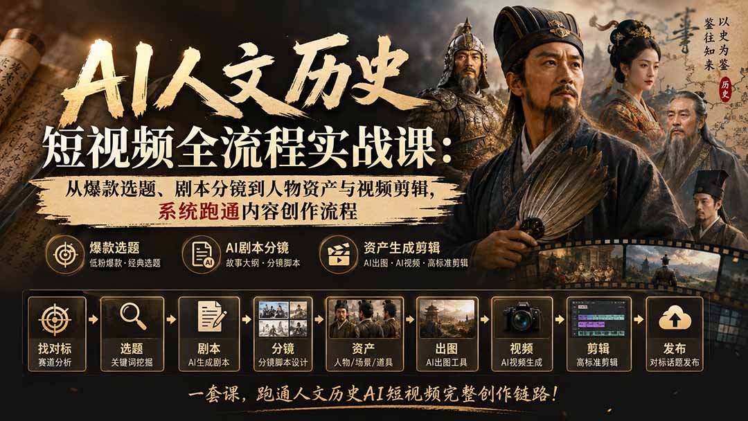 AI人文历史短视频全流程实战课:从爆款选题、剧本分镜到人物资产与视频剪辑,系统跑通内容创作流程-星阳网创