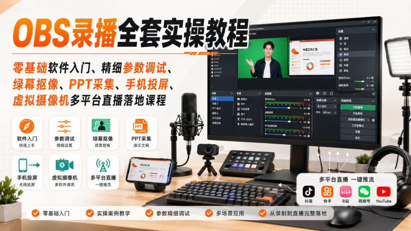 OBS录播全套实操教程|零基础软件入门、精细参数调试、绿幕抠像、手机投屏、虚拟摄像机多平台直播落地课程-星阳网创