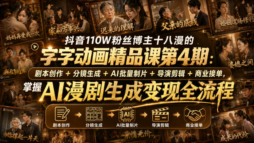 抖音110W粉丝博主十八漫的字字动画精品课第4期:剧本创作+分镜生成+剪辑+商业接单,掌握AI漫剧生成变现全流程-星阳网创