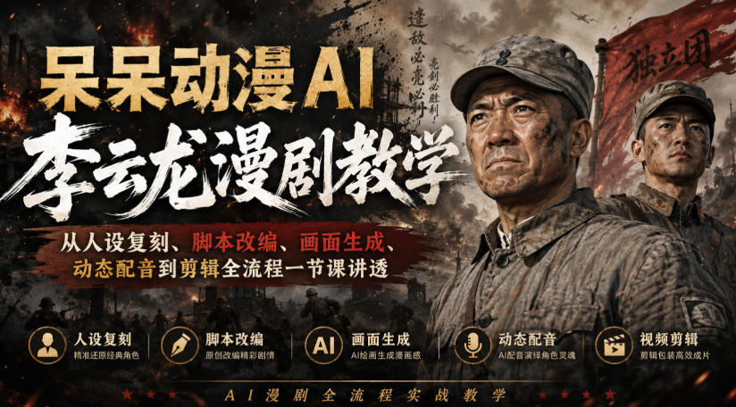 呆呆动漫AI李云龙漫剧教学,从人设复刻、脚本改编、画面生成、动态配音到剪辑全流程一节课讲透-星阳网创