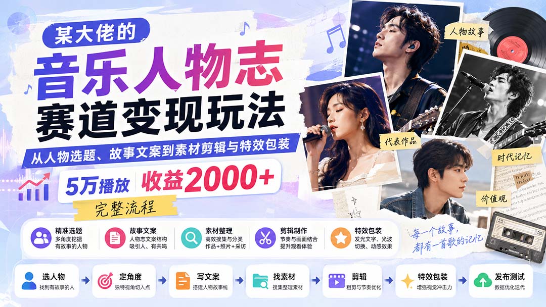 某大佬的音乐人物志赛道变现玩法:从人物选题、故事文案到素材剪辑与特效包装,5万播放收益2000+完整流程-星阳网创