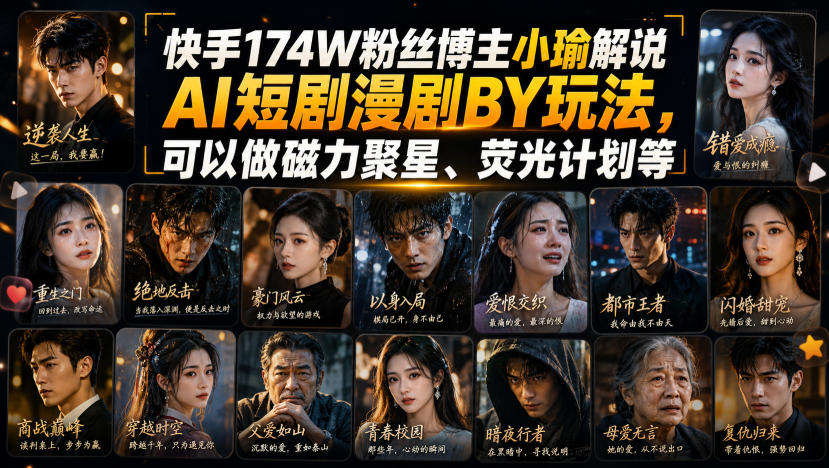 快手174W粉丝博主小瑜解说AI短剧漫剧搬运玩法,可以做磁力聚星、荧光计划等-星阳网创