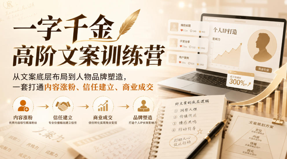 一字千金高阶文案训练营,从文案底层布局到人物品牌塑造,一套打通内容涨粉、信任建立、商业成交-星阳网创