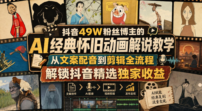 抖音49W粉丝博主的AI经典怀旧动画解说教学，从文案配音到剪辑全流程，解锁抖音精选独家收益-星阳网创