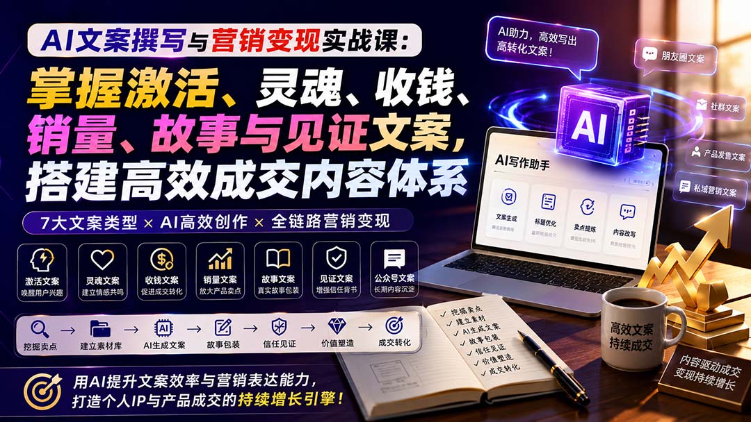 AI文案撰写与营销变现实战课:掌握激活、灵魂、收钱、销量、故事与见证文案,搭建高效成交内容体系-星阳网创