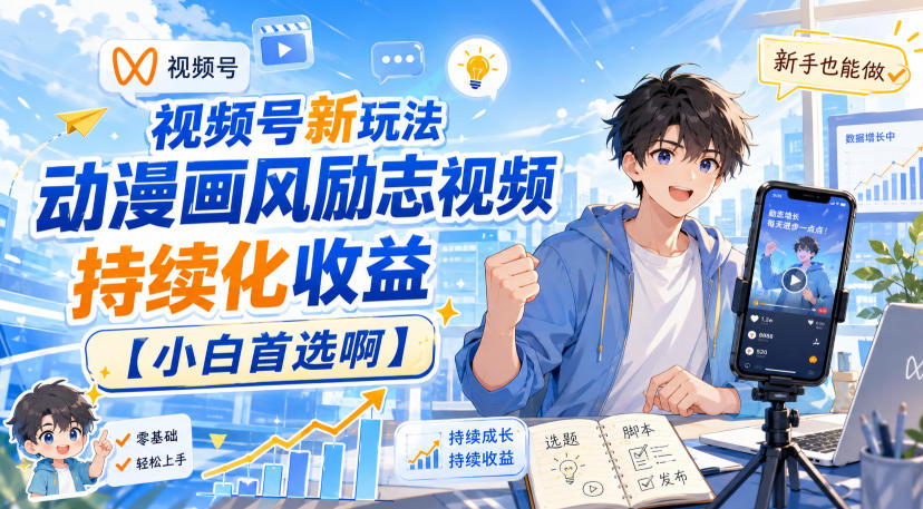 视频号新玩法动漫画风励志视频,持续化收益【小白首选啊】-星阳网创