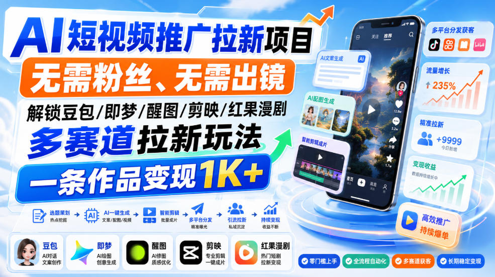 AI短视频推广拉新项目,无需粉丝、无需出镜,解锁豆包/即梦/醒图/剪映/红果漫剧多赛道拉新玩法,一条作品变现1K+-星阳网创