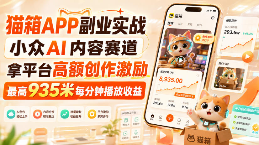 猫箱APP副业实战,小众AI内容赛道,拿平台高额创作激励,最高935米每分钟播放收益-星阳网创