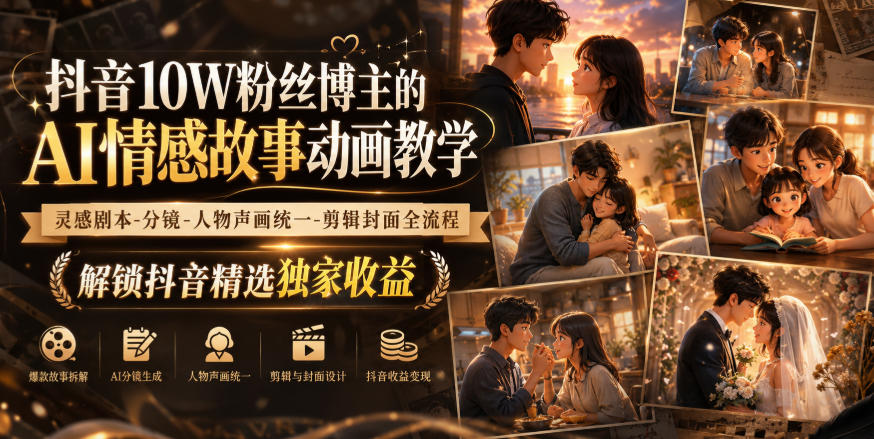 抖音10W粉丝博主的AI情感故事动画教学,灵感剧本‑分镜‑人物声画统一‑剪辑封面全流程,解锁抖音精选独家收益-星阳网创