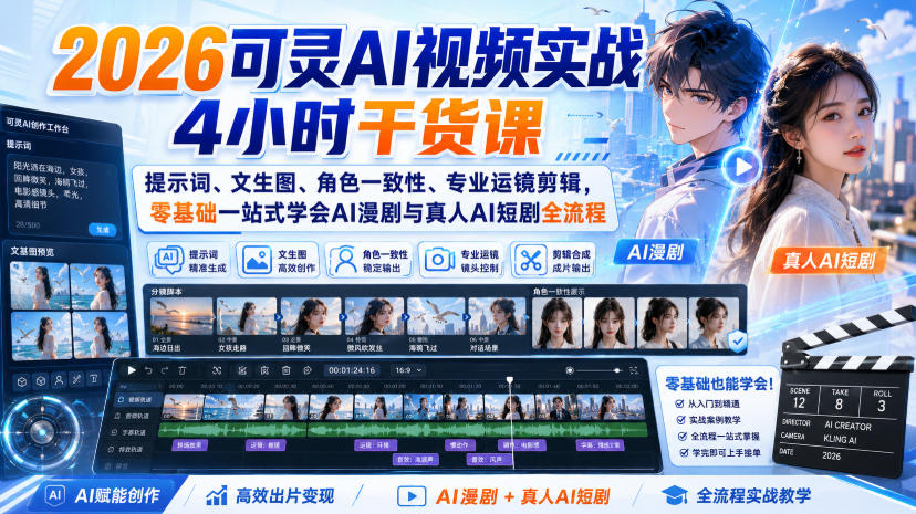 2026可灵AI视频实战4小时干货课｜提示词、文生图、角色一致性、专业运镜剪辑，零基础一站式学会AI漫剧与真人AI短剧全流程-星阳网创