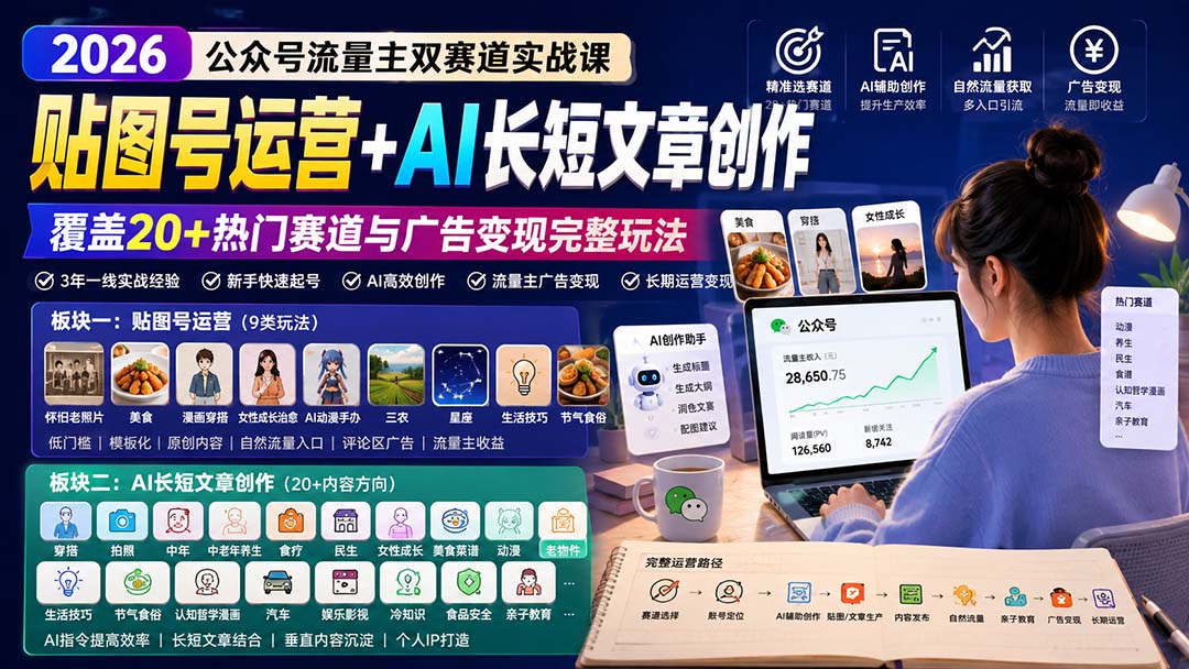 公众号流量主双赛道实战课:贴图号运营+AI长短文章创作,覆盖20+热门赛道与广告变现完整玩法-星阳网创