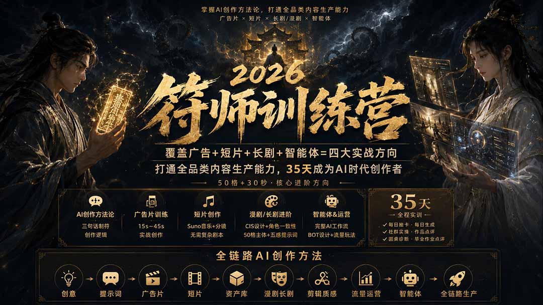 符师训练营-35天成为AI时代创作者,广告+短片+漫剧+智能体四大实战方向,掌握从创意到上线的完整工作流-星阳网创