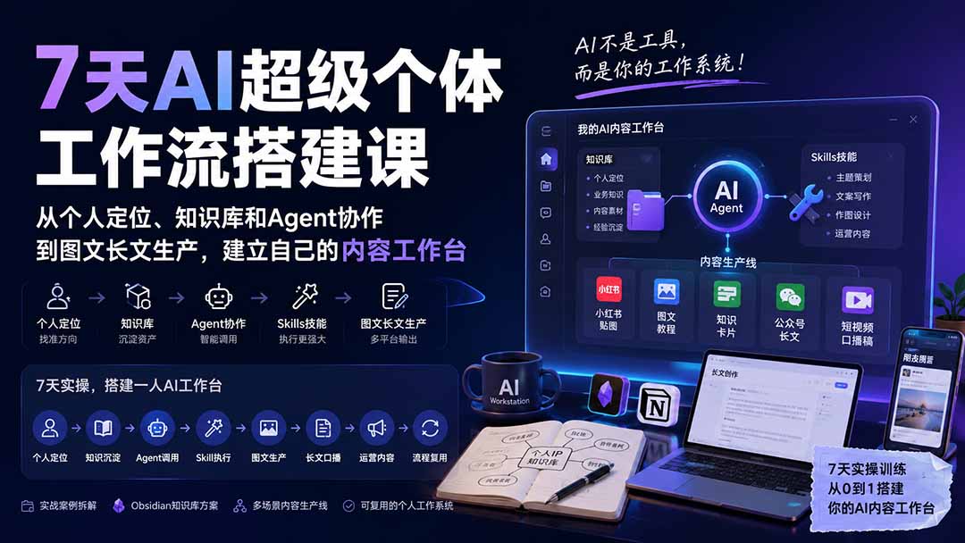 7天AI超级个体工作流搭建课：从个人定位、知识库和Agent协作到图文长文生产，建立自己的内容工作台-星阳网创
