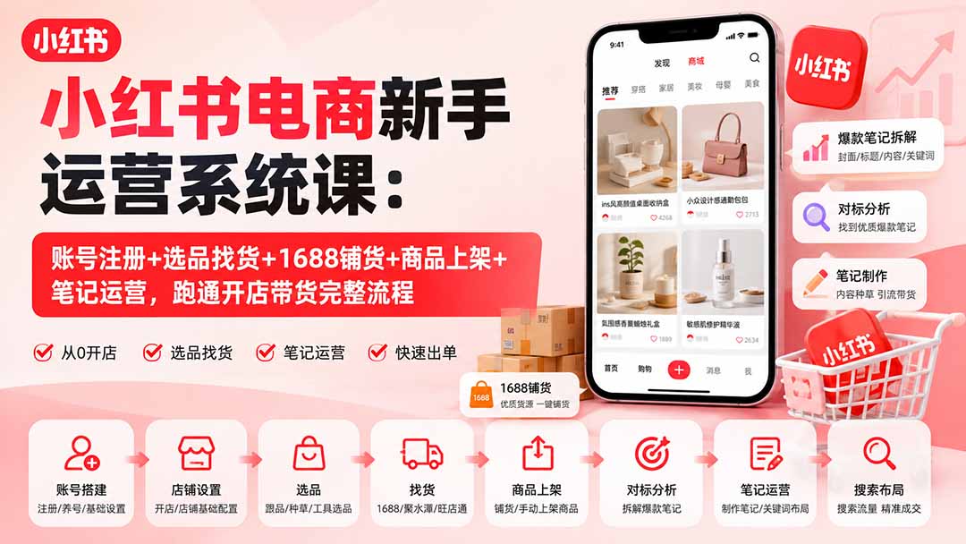 小红书电商新手运营系统课:账号注册+选品找货+1688铺货+商品上架+笔记运营,跑通开店带货完整流程-星阳网创