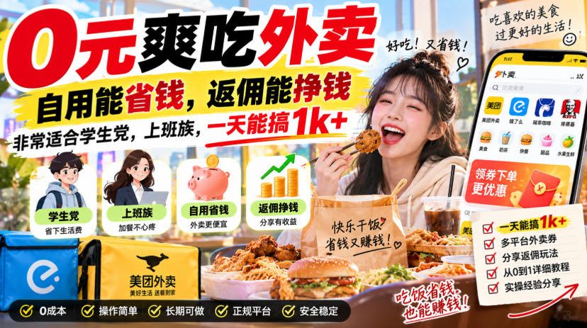 0元爽吃外卖,自用能省钱,返佣能挣钱,非常适合学生党,上班族,一天能搞1k+-星阳网创