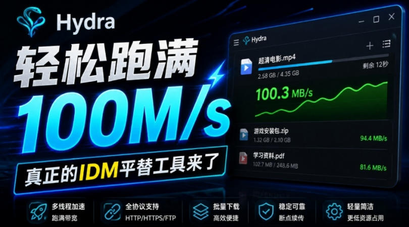 轻松跑满100M/s,真正的IDM平替工具来了,开源多线程器,支持浏览器拓展,一键智能加速Hydra Download Manager-星阳网创