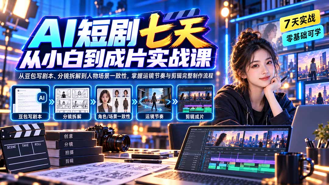 AI短剧七天从小白到成片实战课:从豆包写剧本、分镜拆解到人物场景一致性,掌握运镜节奏与剪辑完整制作流程-星阳网创
