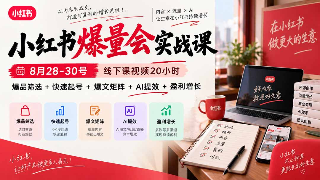 小红书爆量会实战课:8月28-30号线下课视频20小时,爆品筛选+快速起号+爆文矩阵+AI提效+盈利增长-星阳网创