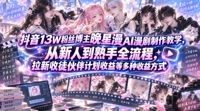 抖音13W粉丝博主晚星漫AI漫剧制作教学,从新人到熟手全流程,拉新收徒伙伴计划收益等多种收益方式,单日1K+-星阳网创