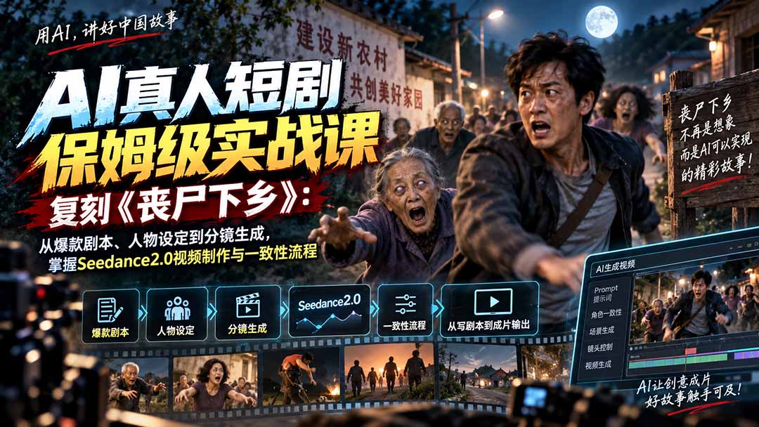 AI真人短剧保姆级实战课,复刻《丧尸下乡》:从爆款剧本、人物设定到分镜生成,掌握Seedance2.0视频制作与一致性流程-星阳网创