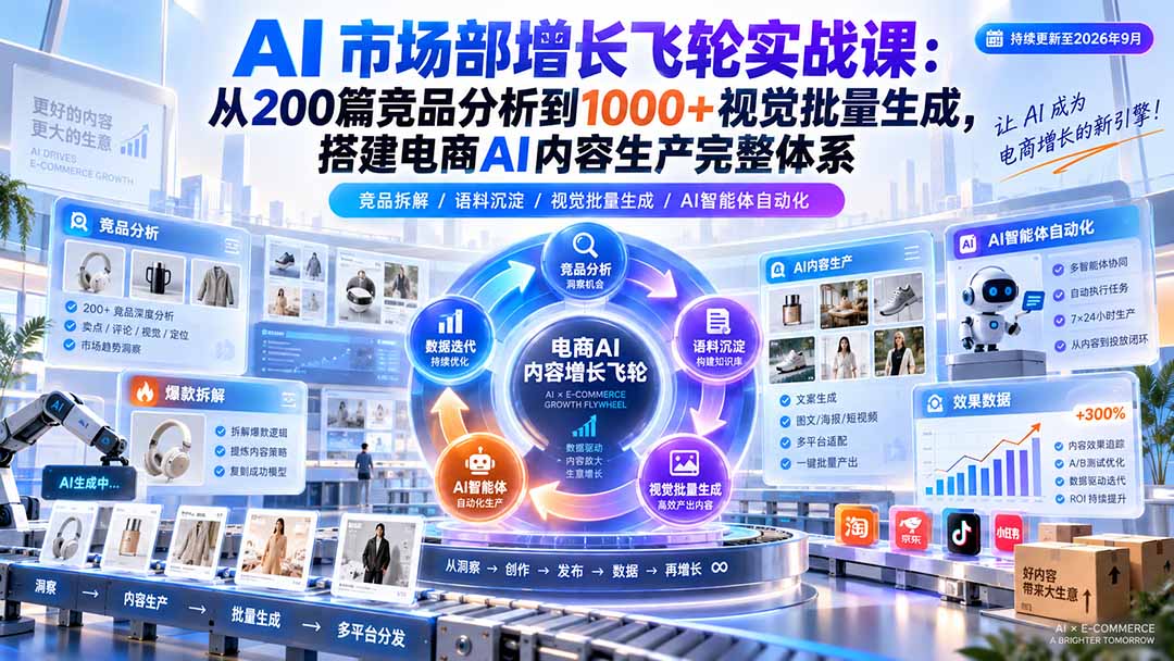 AI 市场部增长飞轮实战课：从200篇竞品分析到1000+视觉批量生成，搭建电商AI内容生产完整体系-星阳网创