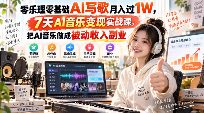 零乐理零基础AI写歌月入过1W,7天AI音乐变现实战课,把AI音乐做成被动收入副业-星阳网创
