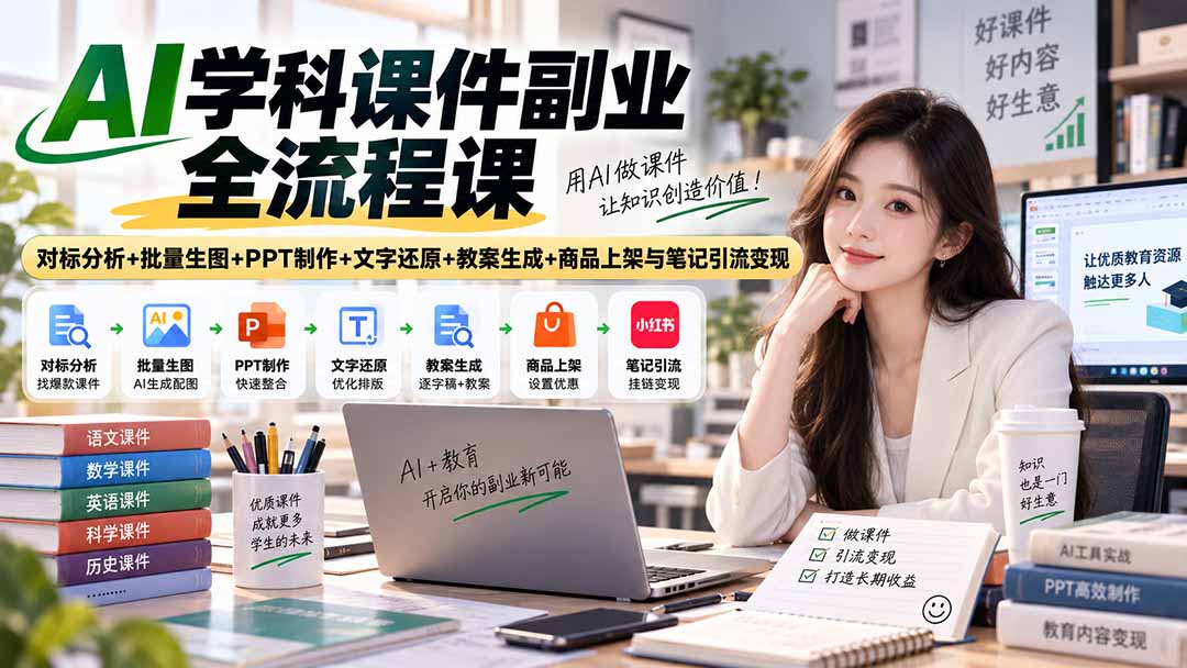 AI学科课件副业全流程课|对标分析+批量生图+PPT制作+文字还原+教案生成+商品上架与笔记引流变现-星阳网创