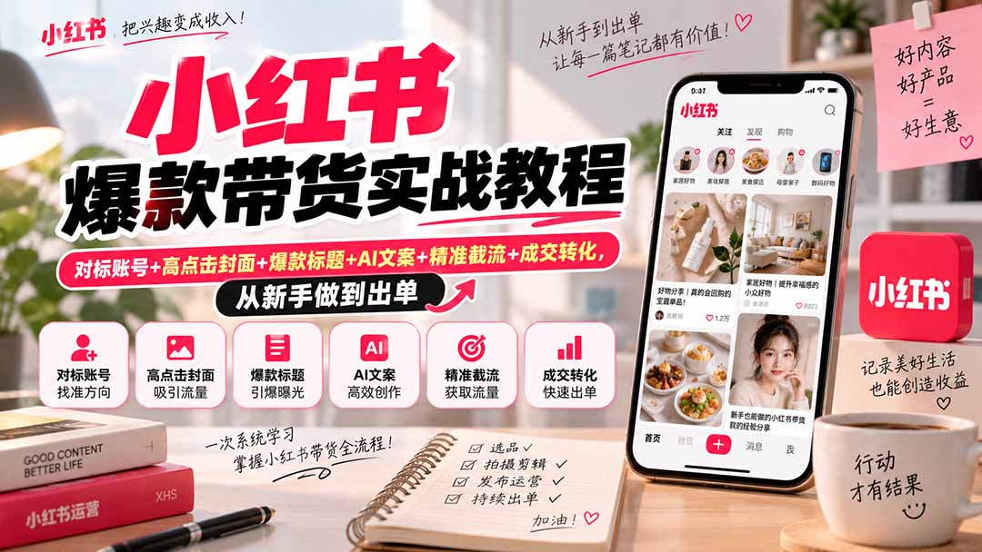 小红书爆款带货实战教程|对标账号+高点击封面+爆款标题+AI文案+精准截流+成交转化,从新手做到出单-星阳网创