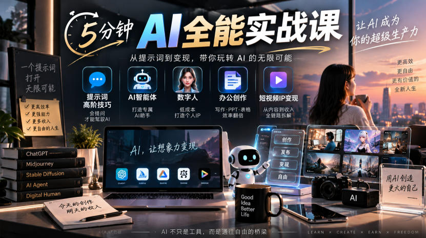 5分钟AI全能实战课|提示词高阶技巧+AI智能体+数字人+办公创作+短视频IP变现全教程-星阳网创