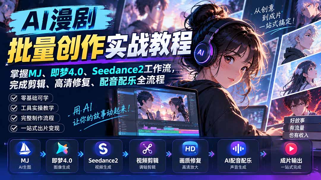 AI漫剧批量创作实战教程:掌握MJ、即梦4.0、Seedance2工作流,完成剪辑、高清修复、配音配乐全流程-星阳网创