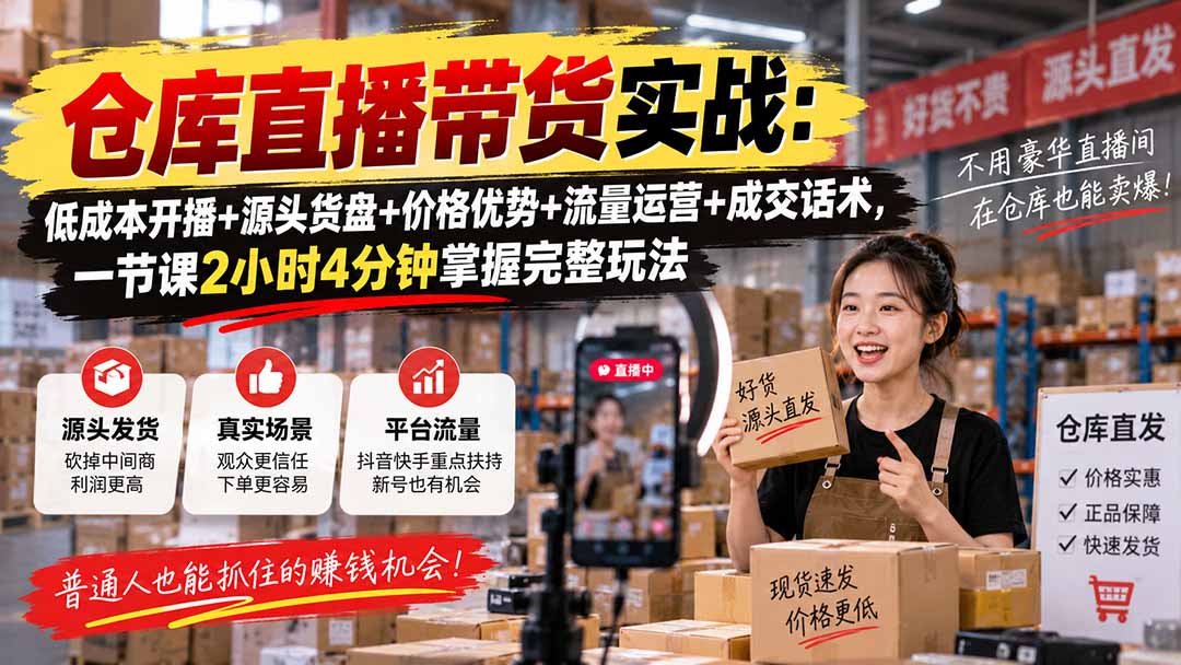 仓库直播带货实战:低成本开播+源头货盘+价格优势+流量运营+成交话术,一节课2小时4分钟掌握完整玩法-星阳网创