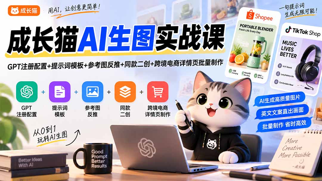 成长猫AI生图实战课|GPT注册配置+提示词模板+参考图反推+同款二创+跨境电商详情页批量制作-星阳网创