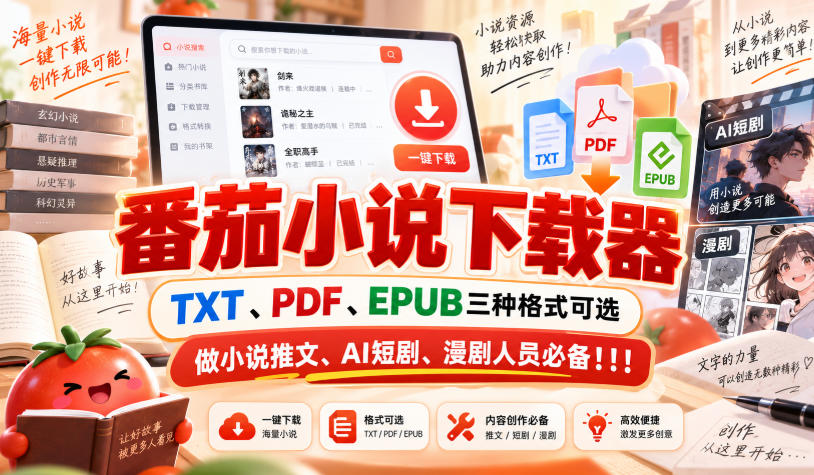 番茄小说下载器，TXT、PDF、EPUB三种格式可选，做小说推文、AI短剧、漫剧人员必备！！！-星阳网创