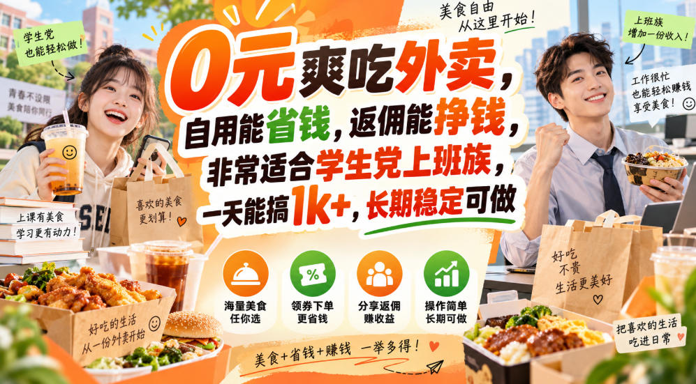 0元爽吃外卖,自用能省钱,返佣能挣钱,非常适合学生党上班族,一天能搞1k+,长期稳定可做-星阳网创