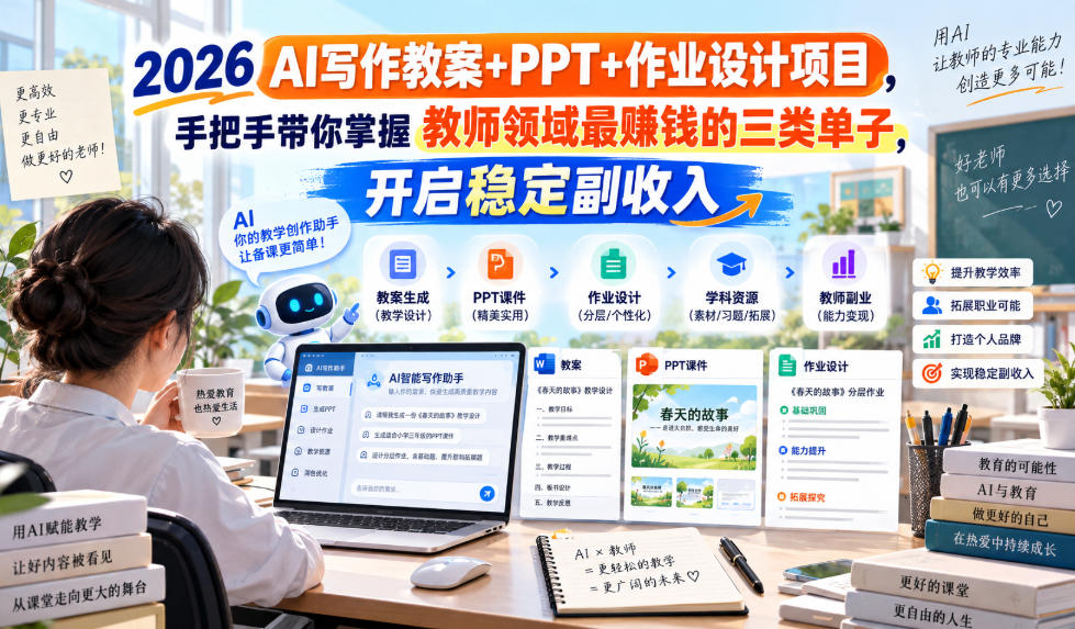 2026 AI写作教案+PPT+作业设计项目,手把手带你掌握教师领域最賺钱的三类单子,开启稳定副收入-星阳网创