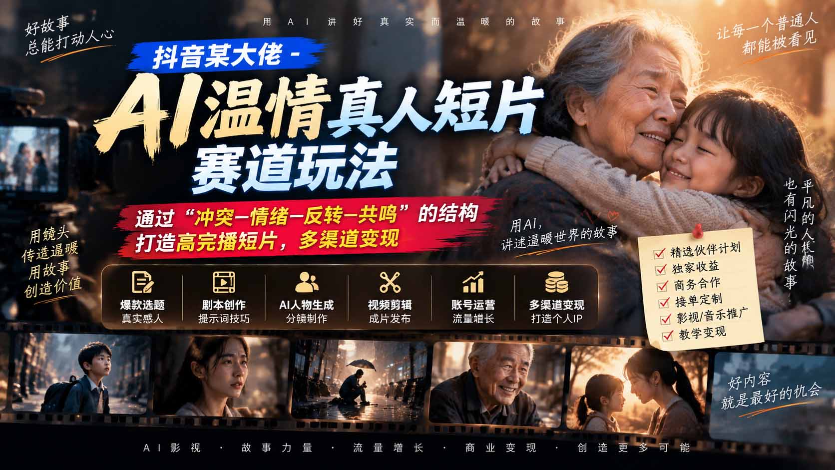 抖音某大佬-AI温情真人短片赛道玩法:通过“冲突—情绪—反转—共鸣”的结构打造高完播短片,多渠道变现-星阳网创