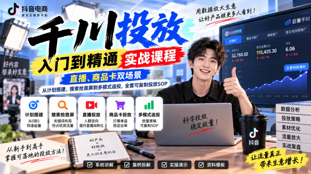 千川投放入门到精通实战课程，直播、商品卡双场景，从计划搭建、搜索抢首屏到多模式追投，全套可复制投放SOP-星阳网创