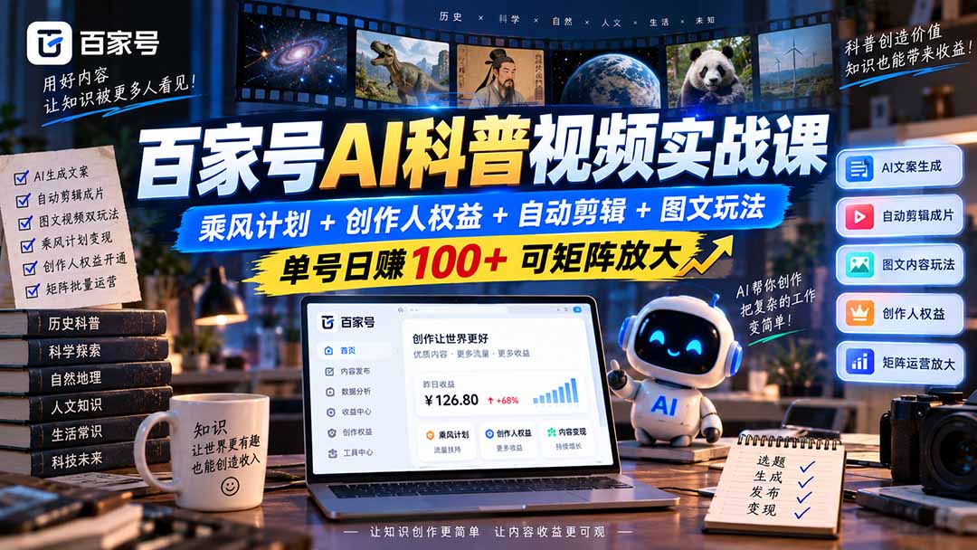 百家号AI科普视频实战课:乘风计划+创作人权益+自动剪辑+图文玩法,单号日赚100+可矩阵放大-星阳网创