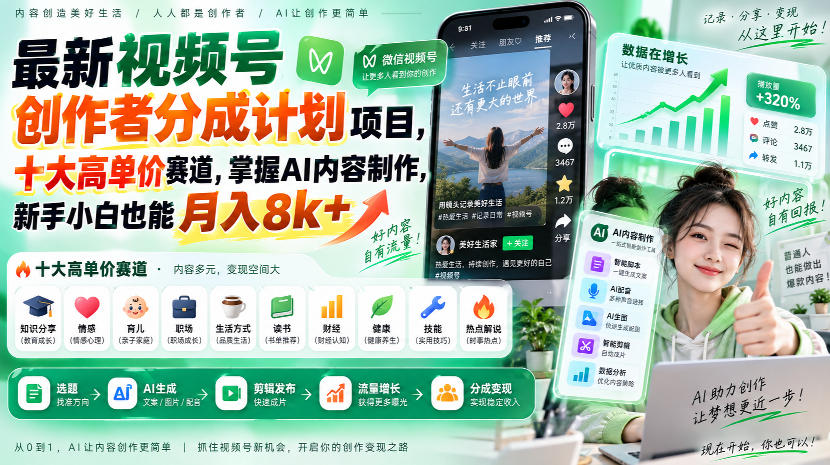 最新视频号创作者分成计划项目,十大高单价赛道,掌握AI内容制作,新手小白也能月入8k+-星阳网创