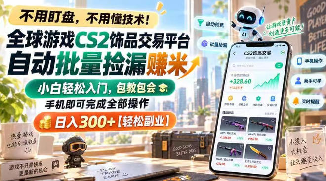 全球游戏CS2饰品交易平台自动批量捡漏賺米,小白轻松入门,包教包会,手机即可完成全部操作,日入300+【揭秘】-星阳网创