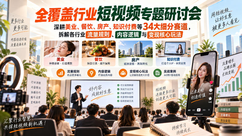 短视频专题研讨会,深耕美业、餐饮、房产、知识付费等34大细分赛道,拆解各行业流量规则、内容逻辑与变现核心玩法-星阳网创