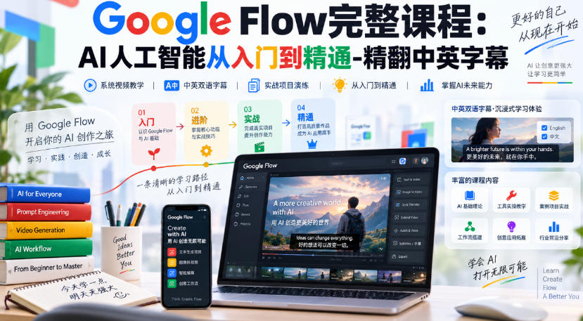 【无水印】Google Flow完整课程：AI人工智能从入门到精通-精翻中英字幕-星阳网创