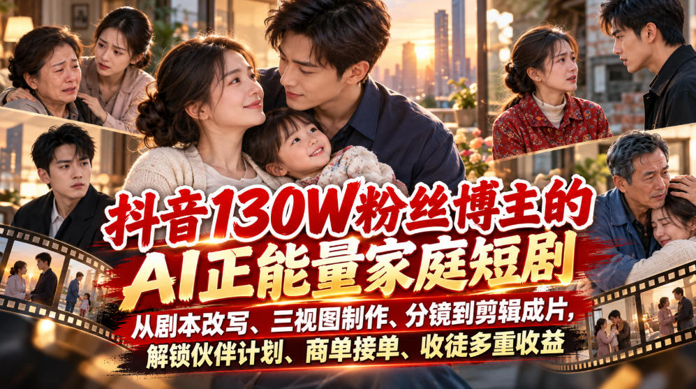 抖音130W粉丝博主的AI正能量家庭短剧,从剧本改写、三视图制作、分镜到剪辑成片,解锁伙伴计划、商单接单、收徒多重收益-星阳网创