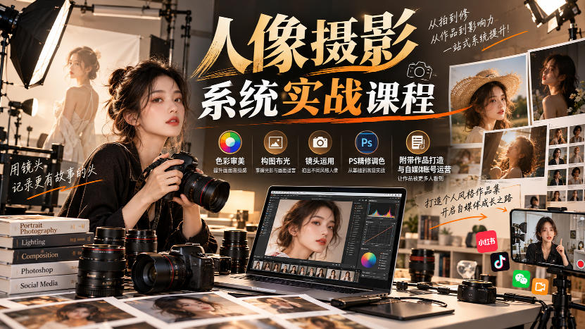 【无水印】人像摄影系统实战课程,色彩审美、构图布光、镜头运用、PS精修调色,附带作品打造与自媒体账号运营-星阳网创