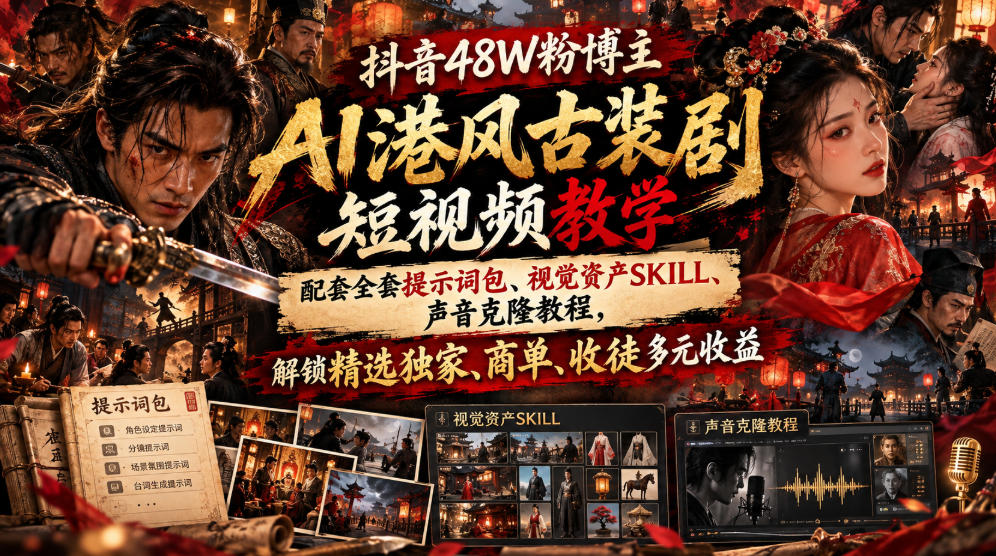 抖音48W粉博主AI港风古装剧短视频教学，配套全套提示词包、视觉资产SKILL、声音克隆教程，解锁精选独家、商单、收徒多元收益-星阳网创